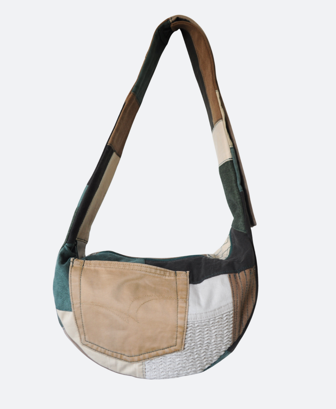 Handgemaakte patchwork crossbody bag in groen, beige en bruin tinten, gemaakt van upcycled denim en katoen - Sevaes