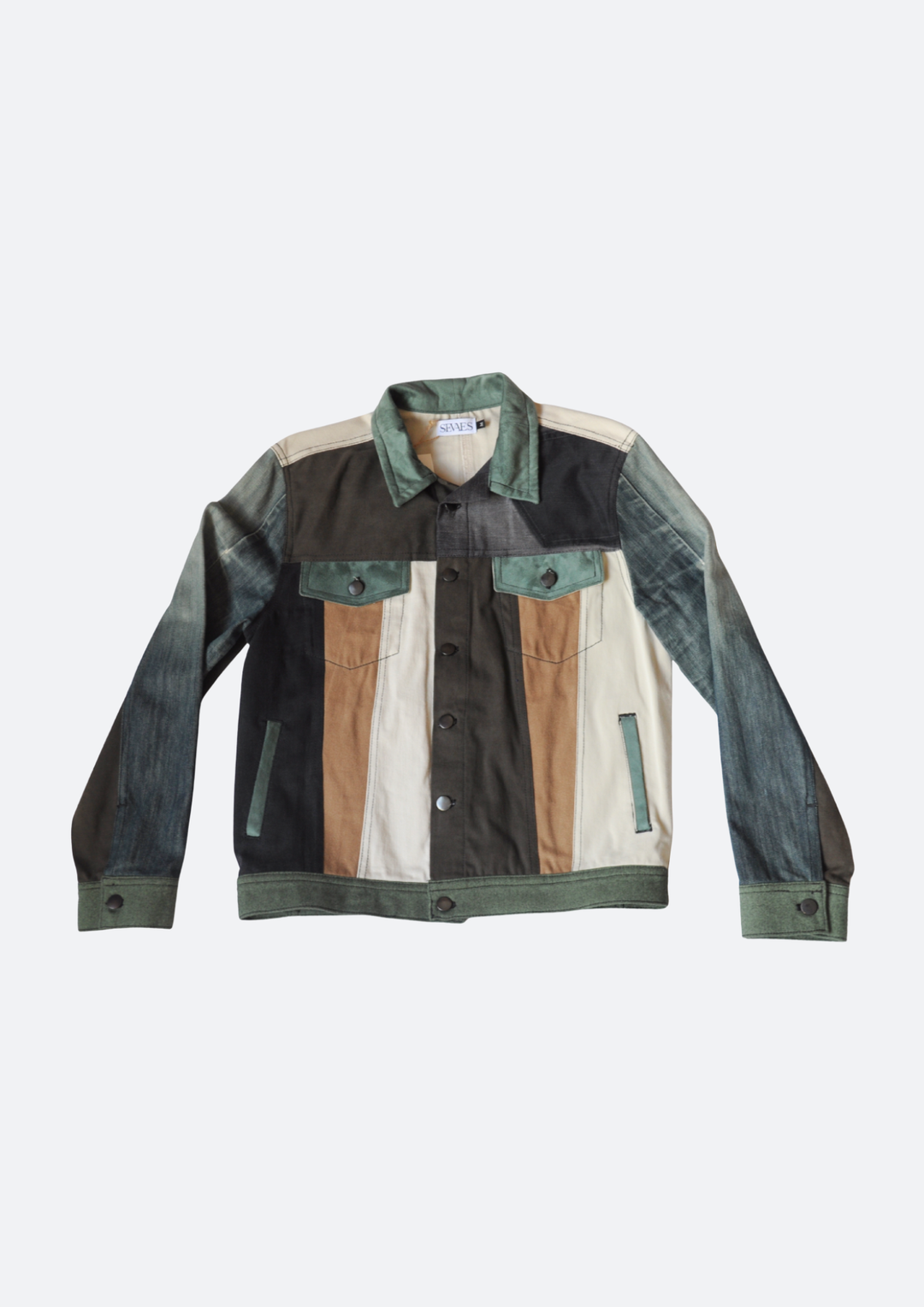 voorkant Colorblock spijkerjacket groen-bruin-beige - Sevaes unieke spijkerjas