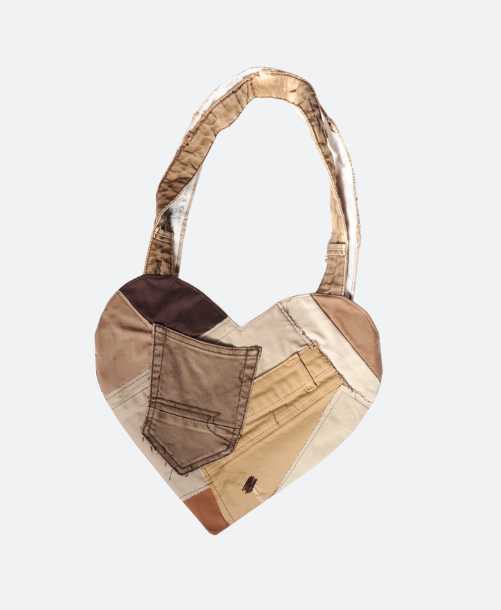 Brown Patchwork Heart Bag - upcycled tas van Sevaes