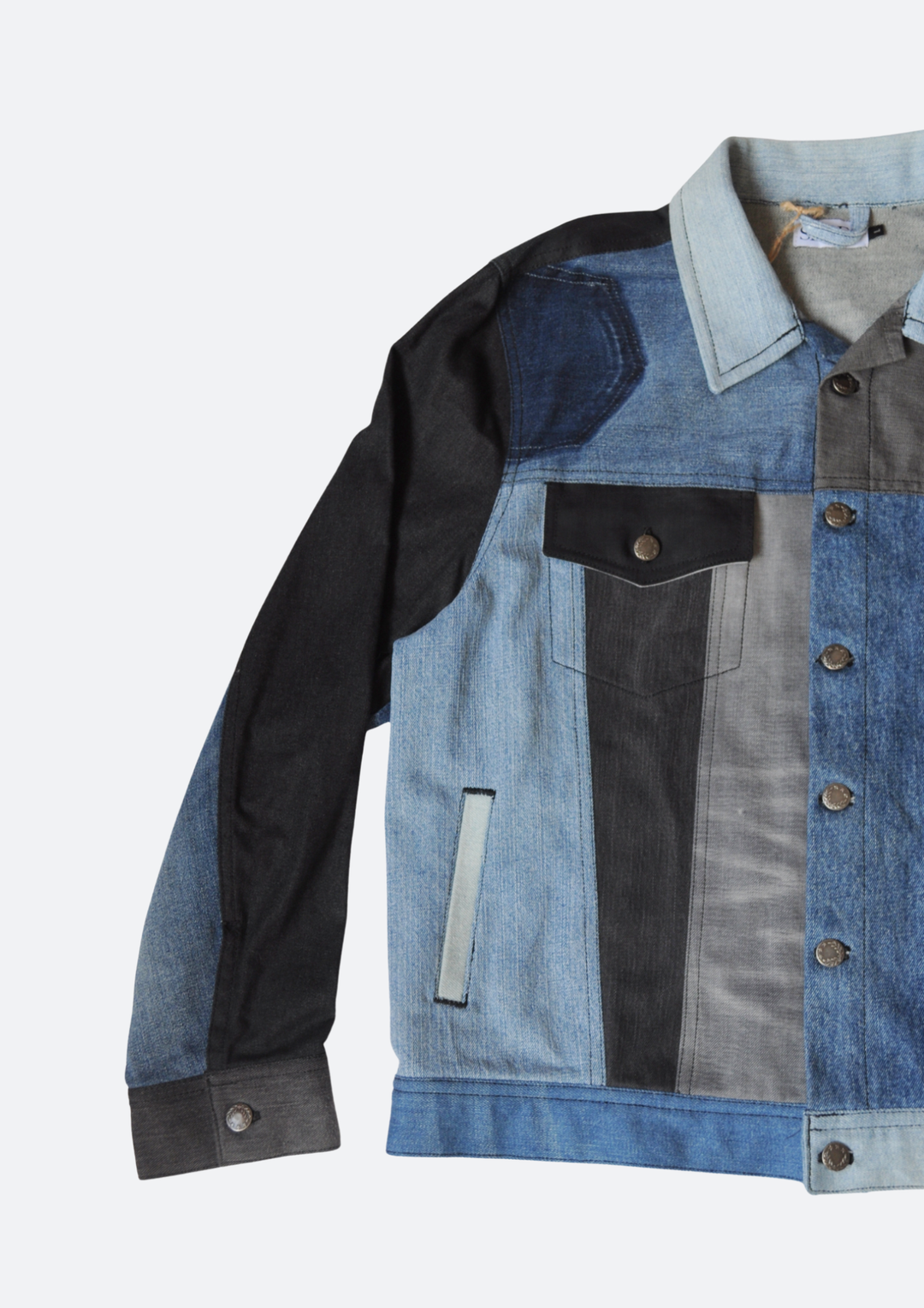 Colorblock denim spijkerjacket - zwart, grijs, blauwe denim - Sevaes unieke spijkerjas