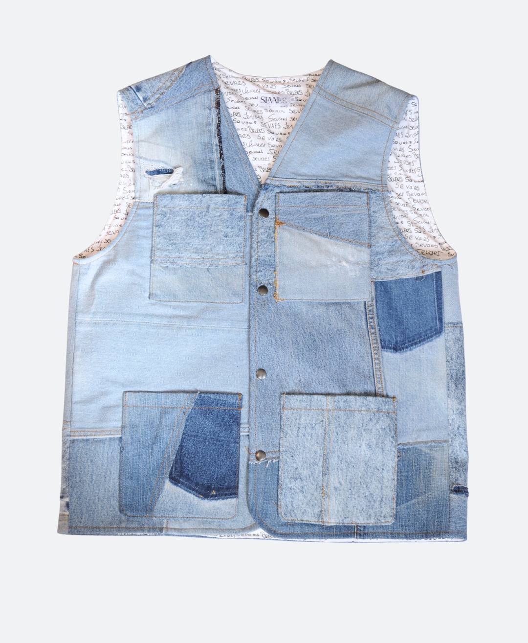 Voorkant - Light blue utility patchwork vest van 100% upcycled denim - handgemaakt Sevaes vest met regular fit voor mannen, maat 38.