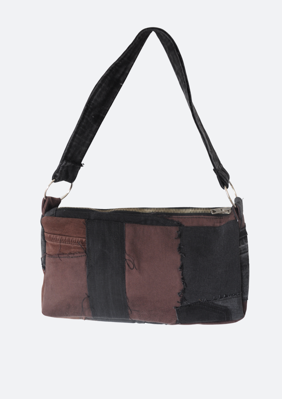 Distressed Zwart-Bruine Schoudertas - voorkant - gemaakt van reststofjes jeans - Sevaes