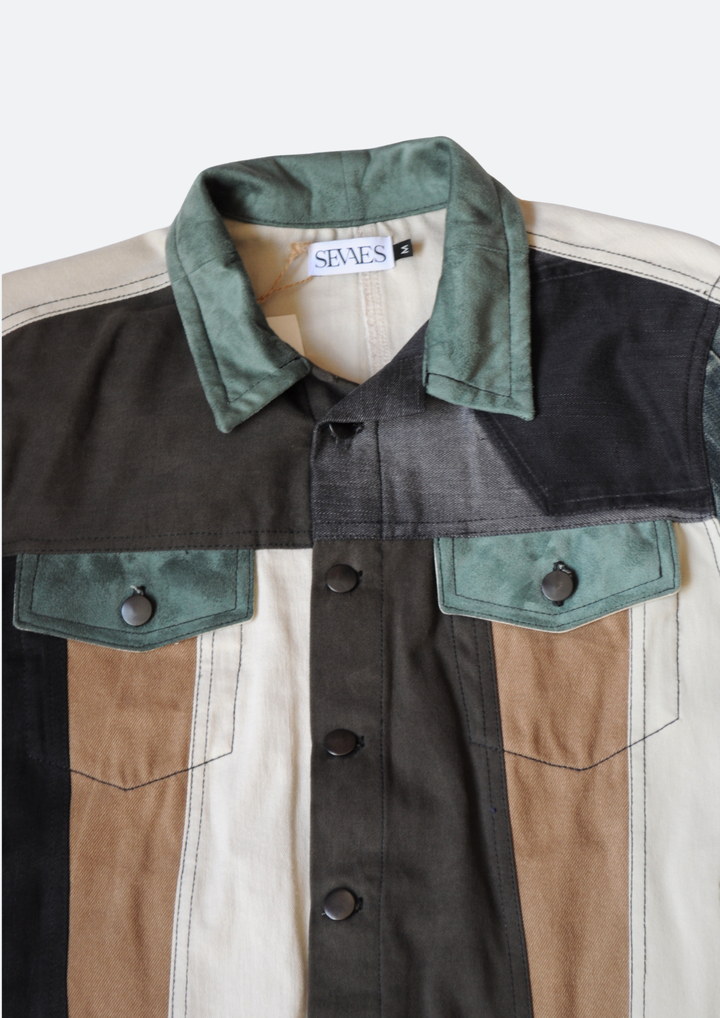 close up Colorblock spijkerjacket groen-bruin-beige - Sevaes unieke spijkerjas