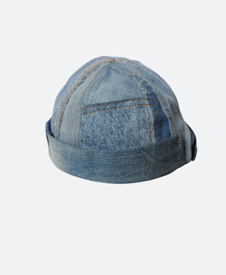 Zijkant Handgemaakte denim patchwork docker cap maat XL. unisex ontwerp van Sevaes.