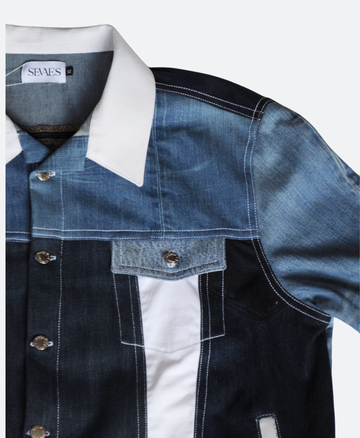 Close up - Unisex denim spijkerjas handgemaakt van 100% upcycled denim – duurzame regular fit spijkerjacket van Sevaes maat XL