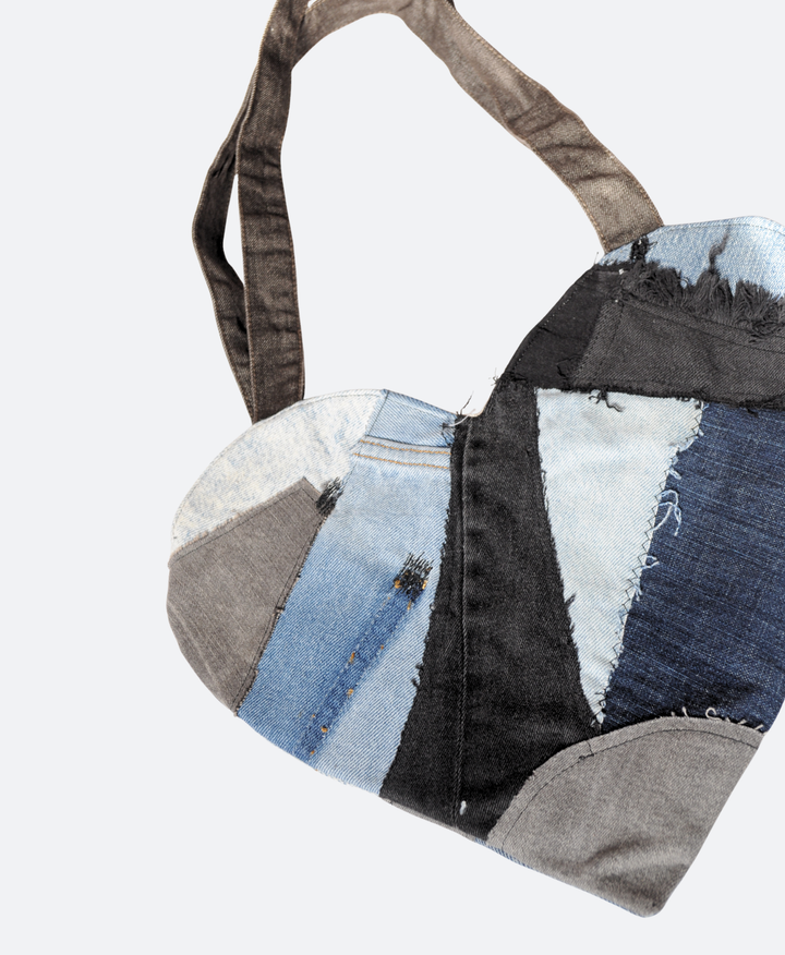 Close up Upcycled denim heart bag